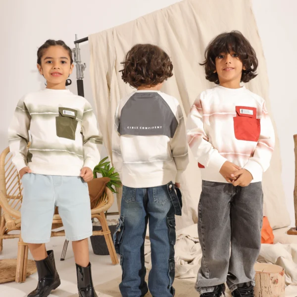 Two boys wearing lightweight Boys Summer Cotton Sweatshirt in Sage Olive and Terracotta Red with tie-dye stripes and chest pocket