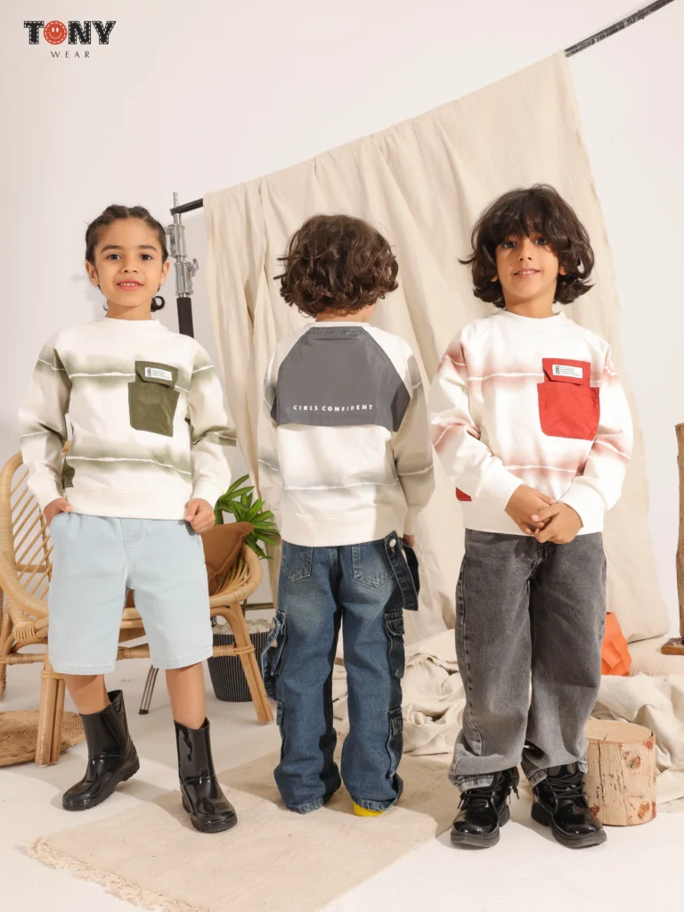Two boys wearing lightweight Boys Summer Cotton Sweatshirt in Sage Olive and Terracotta Red with tie-dye stripes and chest pocket