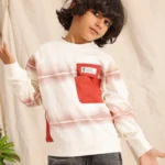 Kids wearing Boys Summer Cotton Sweatshirt in Sage Green and Terracotta Red with tie-dye stripes