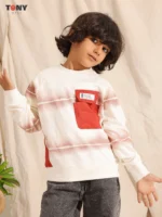 Kids wearing Boys Summer Cotton Sweatshirt in Sage Green and Terracotta Red with tie-dye stripes
