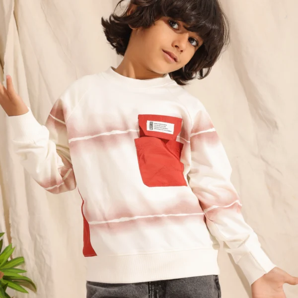 Kids wearing Boys Summer Cotton Sweatshirt in Sage Green and Terracotta Red with tie-dye stripes