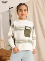 Kids wearing Boys Summer Cotton Sweatshirt in Sage Green and Terracotta Red with tie-dye stripes