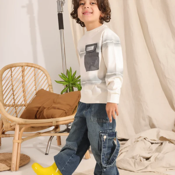 Kids wearing Boys Summer Cotton Sweatshirt in Sage Green and Terracotta Red with tie-dye stripes