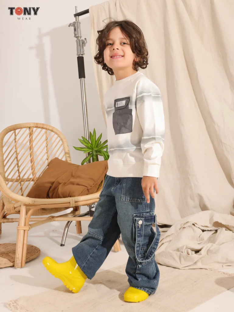 Kids wearing Boys Summer Cotton Sweatshirt in Sage Green and Terracotta Red with tie-dye stripes