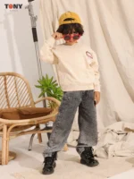 Boys Summer Cotton Retro M Crewneck in Cream Beige with initial badge graphic