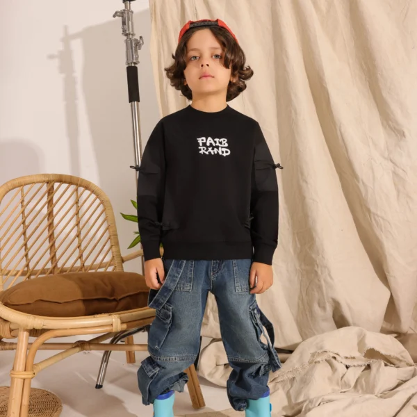 Boys Summer Cotton Paris Graphic Crewneck in Lime Black and Cream with bubbly text and sleeve patch