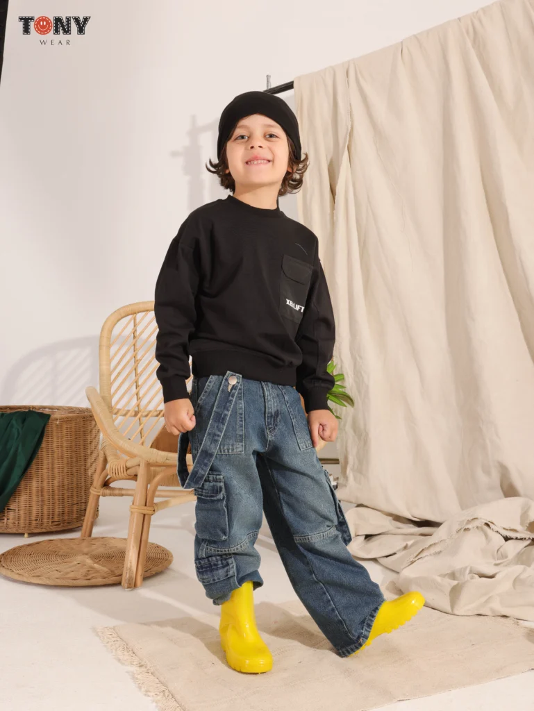 Boys Summer Cotton Lift Pocket Crewneck in Camel Cream and Black with utility pocket and back print