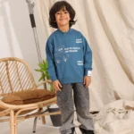 Boys Summer Cotton Nice To People Crewneck in Teal Cream and Orange with bear graphic