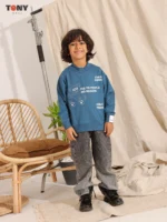 Boys Summer Cotton Nice To People Crewneck in Teal Cream and Orange with bear graphic