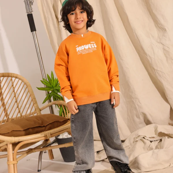 Boys Summer Cotton Prowess Crewneck in Mint Navy and Orange with distressed text graphic
