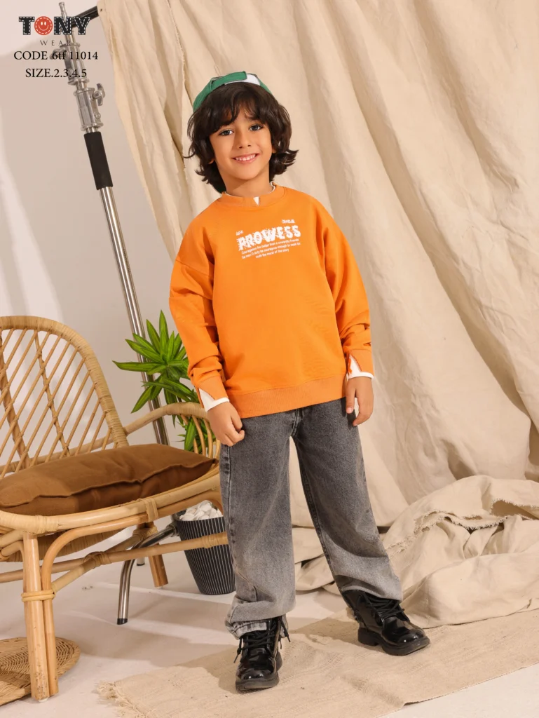 Boys Summer Cotton Prowess Crewneck in Mint Navy and Orange with distressed text graphic