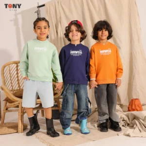 Boys Summer Cotton Prowess Crewneck in Mint Navy and Orange with distressed text graphic