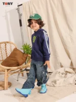 Boys Summer Cotton Rage Hoodie in Beige Navy and Lime with neon graphic and sleeve stripes