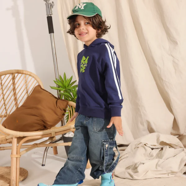 Boys Summer Cotton Rage Hoodie in Beige Navy and Lime with neon graphic and sleeve stripes