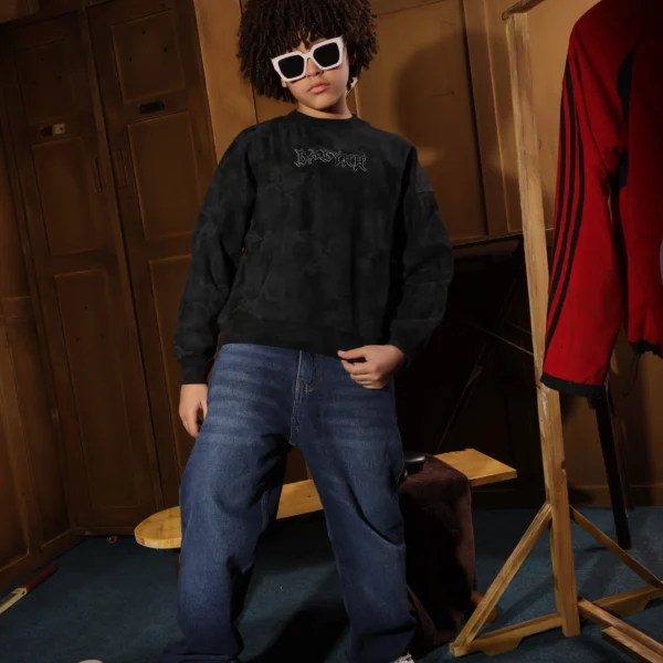 Boys Summer Cotton Gothic Wash Crewneck in Lime Black and Green with skeleton print and gothic text