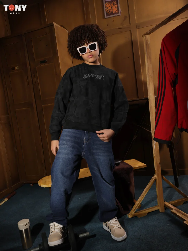 Boys Summer Cotton Gothic Wash Crewneck in Lime Black and Green with skeleton print and gothic text