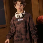 Boys Summer Cotton Super Script Crewneck in Brown White and Black with retro cursive text