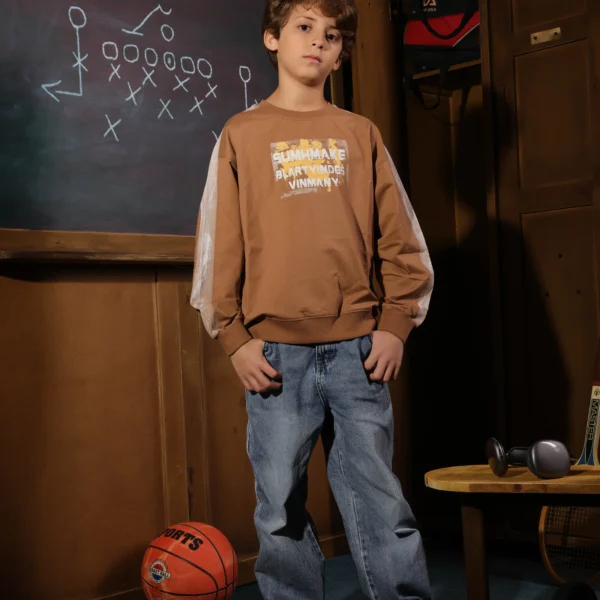 Boys Summer Cotton Glimpse Crewneck in Cream Blue and Camel with abstract graphic and back print