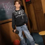 Boys Summer Cotton Graphic Crewneck in Cream Black and Mustard with typographic chest print