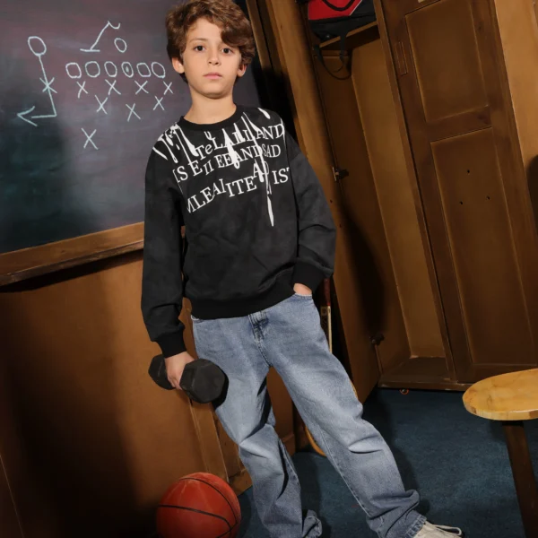 Boys Summer Cotton Graphic Crewneck in Cream Black and Mustard with typographic chest print