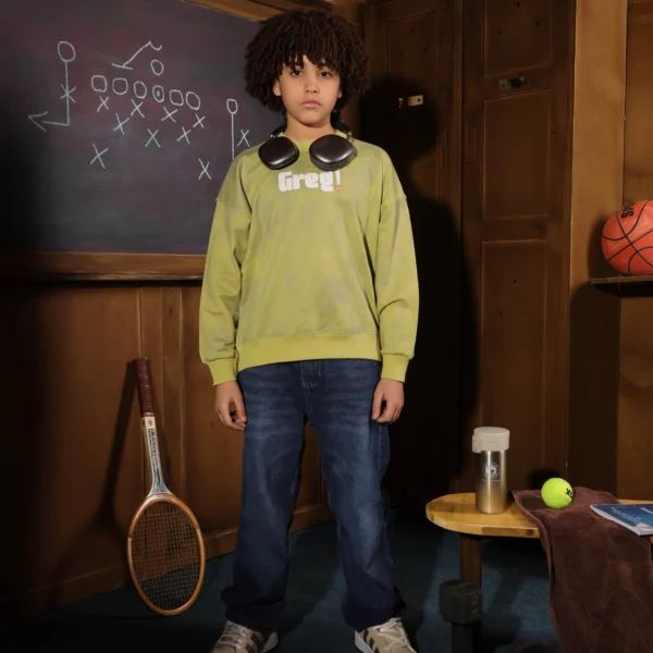 Boys Summer Cotton Street Slogan Crewneck in Black Grey and Olive with pop art text graphic