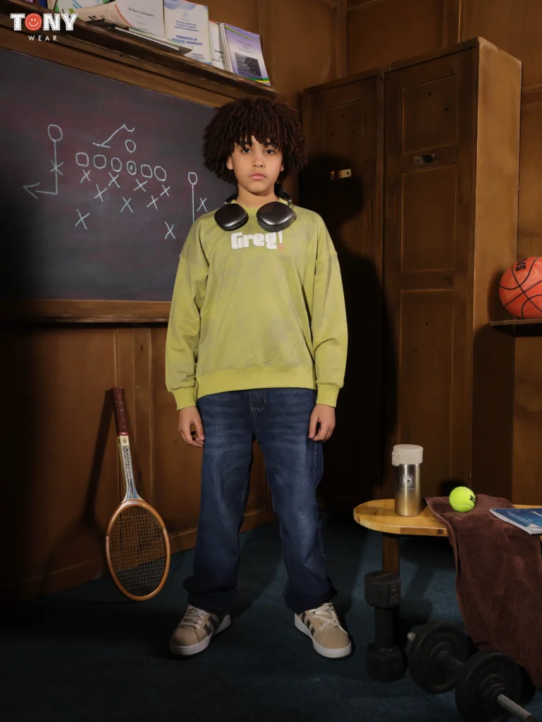 Boys Summer Cotton Street Slogan Crewneck in Black Grey and Olive with pop art text graphic