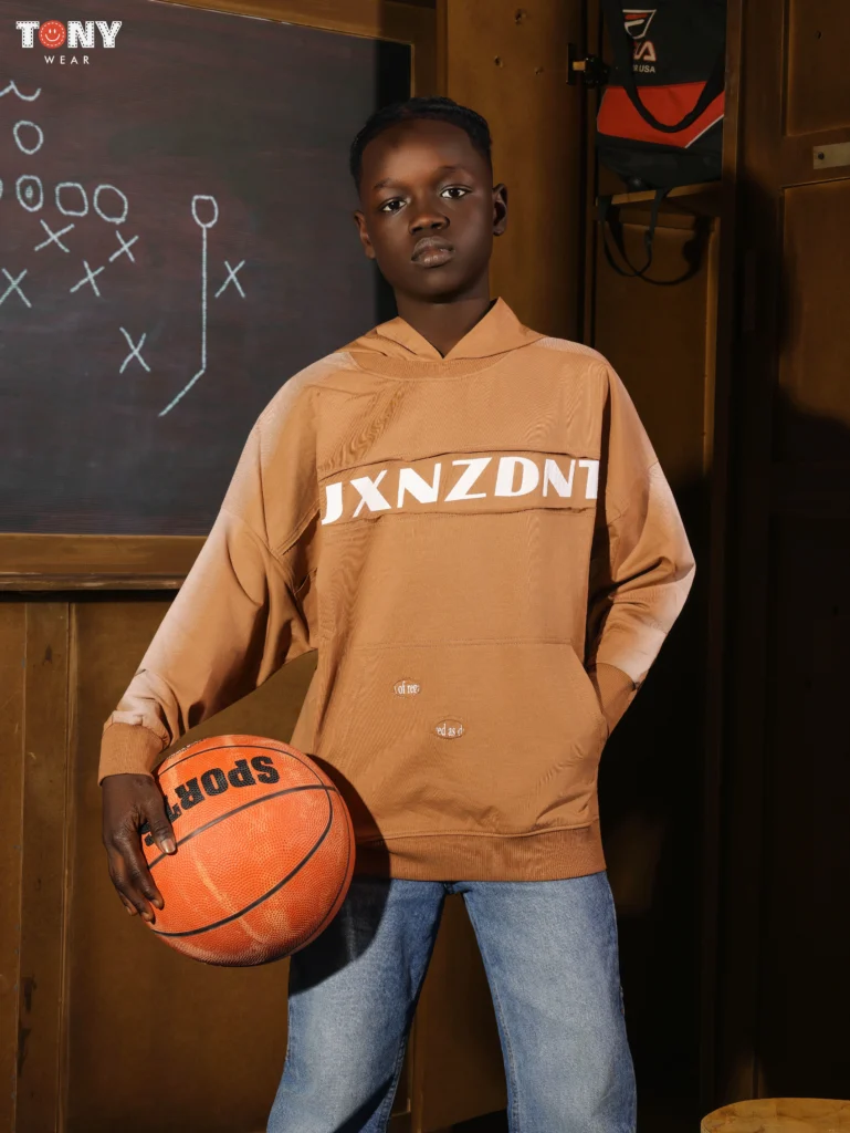 Boys Summer Cotton Distressed Hoodie in Camel Black and Grey with ripped details and chest logo