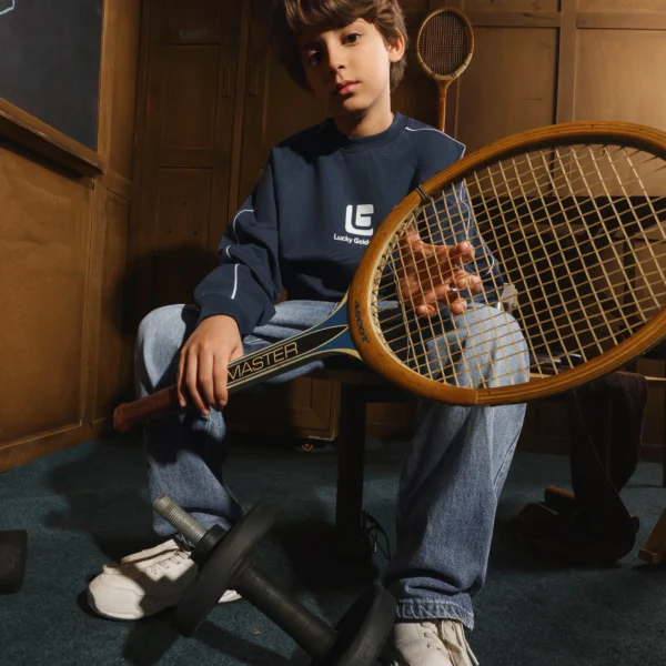 Boys Summer Cotton Piping Crewneck in Green Navy and Cream with contrast sleeve details