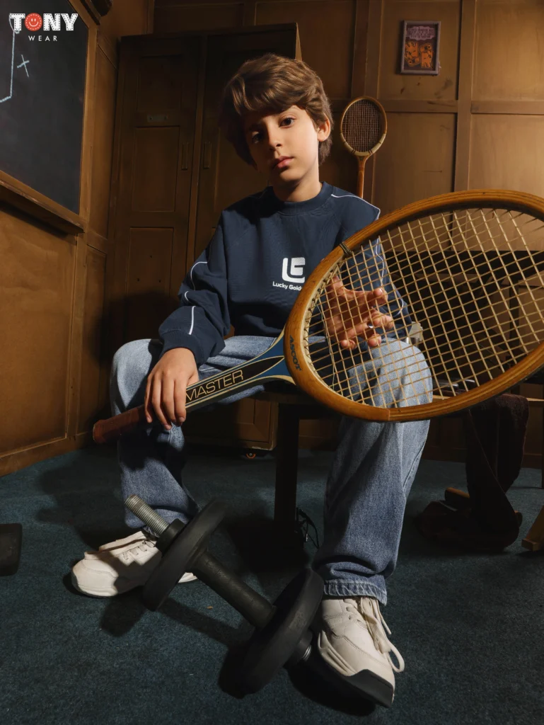 Boys Summer Cotton Piping Crewneck in Green Navy and Cream with contrast sleeve details