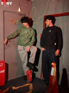 Boys Summer Cotton Alo Logo Crewneck in Charcoal Black and Cloud White with tonal camo texture