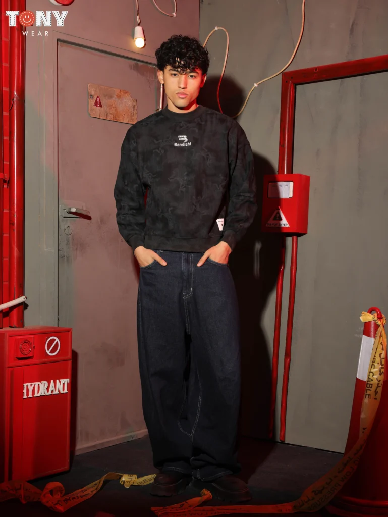 Boys Summer Cotton Alo Logo Crewneck in Charcoal Black and Cloud White with tonal camo texture