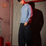 Boys Summer Cotton Piping Logo Crewneck in Black and Blue with contrast sleeve details