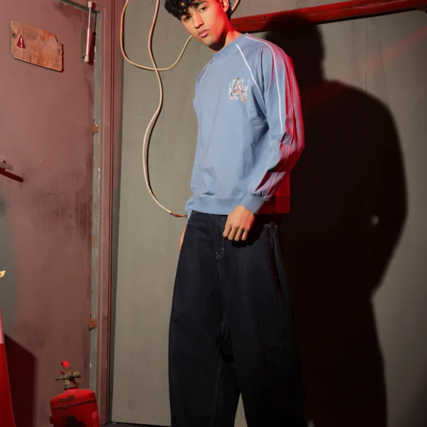 Boys Summer Cotton Piping Logo Crewneck in Black and Blue with contrast sleeve details