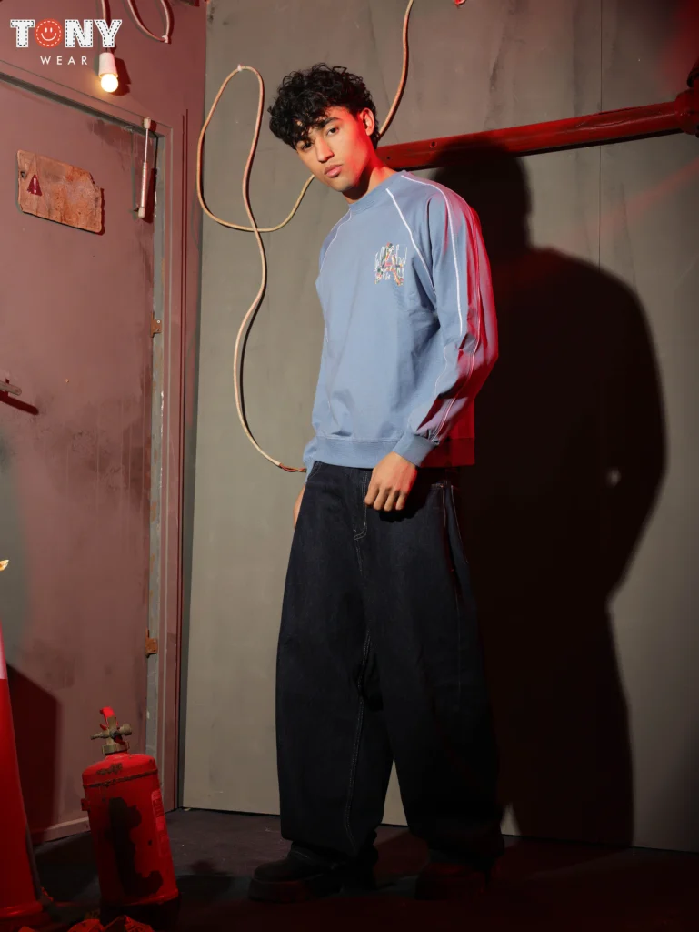 Boys Summer Cotton Piping Logo Crewneck in Black and Blue with contrast sleeve details