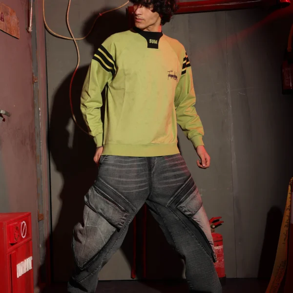 Boys Summer Cotton SUM Varsity Crewneck in Black and Grey with sleeve stripes and neck patch