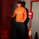 Boys Summer Cotton Geometric Line Hoodie in Olive Green and Bright Orange with white outline graphic