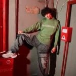 Boys Summer Cotton No Signal Hoodie in Green and Black with glitch bunny back graphic