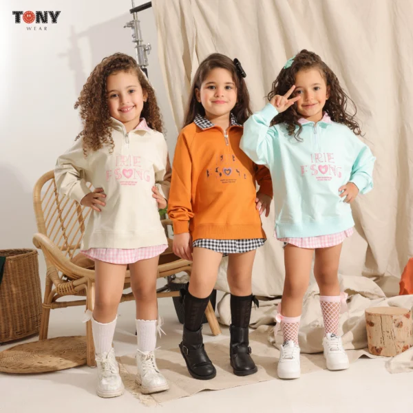 Little Girls Summer Cotton Half-Zip in Cream Orange and Mint with gingham check layered detail