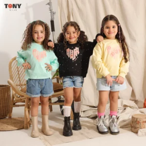 سويت شيرت صيفي للبنات الصغيرات من القطن بلون النعناع الأسود والأصفر مع رسمة قلب طباعة