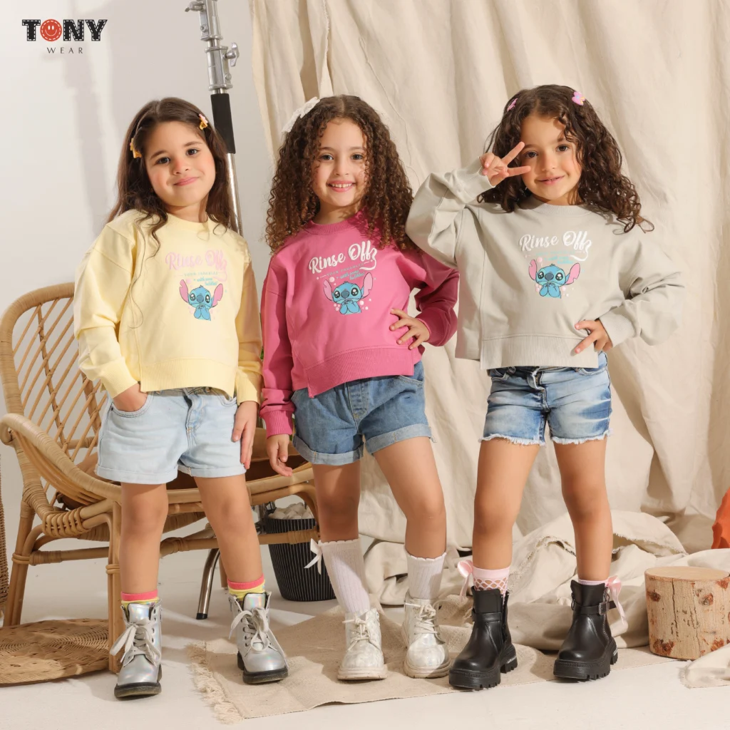 Little Girls Summer Cotton Stitch Crewneck in Yellow Pink and Grey with cute Stitch face graphic