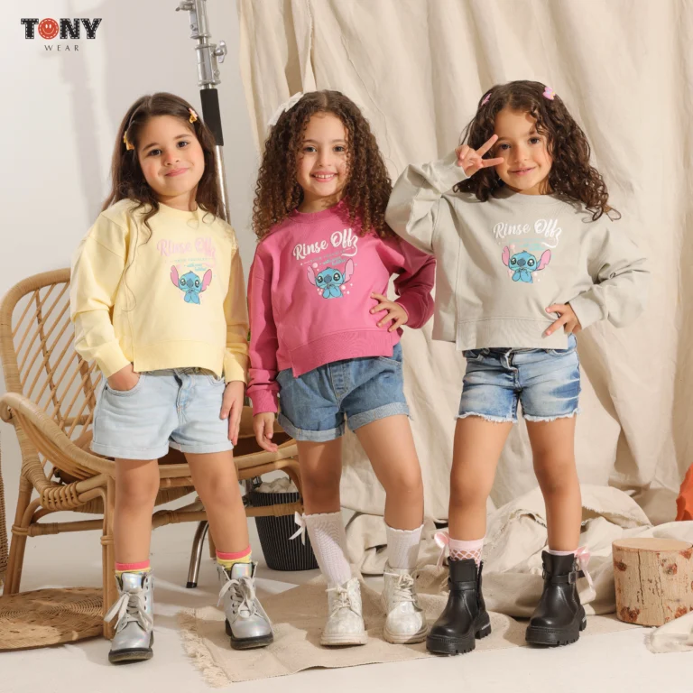 Little Girls Summer Cotton Stitch Crewneck in Yellow Pink and Grey with cute Stitch face graphic