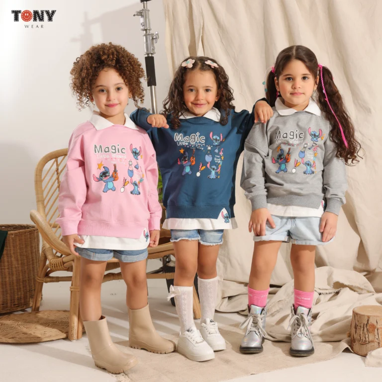 Little Girls Summer Cotton Stitch Sweatshirt in Pink Navy and Grey with mock layered collar
