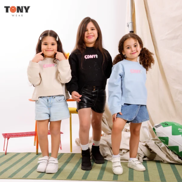 Little Girls Imported Medical Cotton Crewneck in Beige Black and Blue with minimalist logo