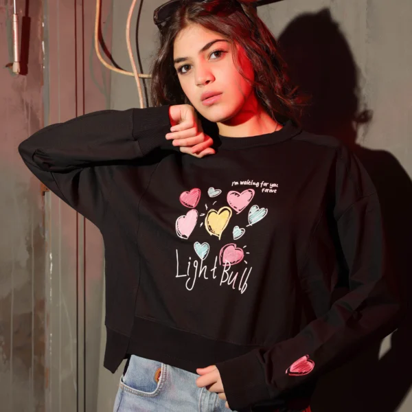 Girls Summer Cotton Lovely Hearts Crewneck in Peach Black and Grey with colorful heart graphic