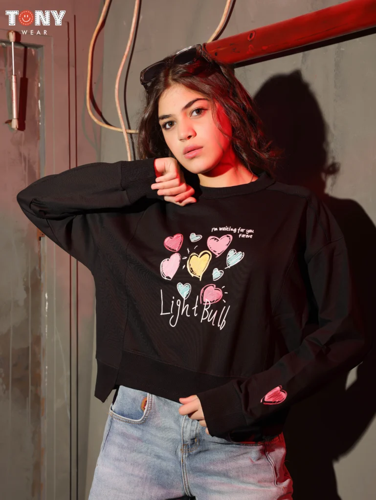 Girls Summer Cotton Lovely Hearts Crewneck in Peach Black and Grey with colorful heart graphic