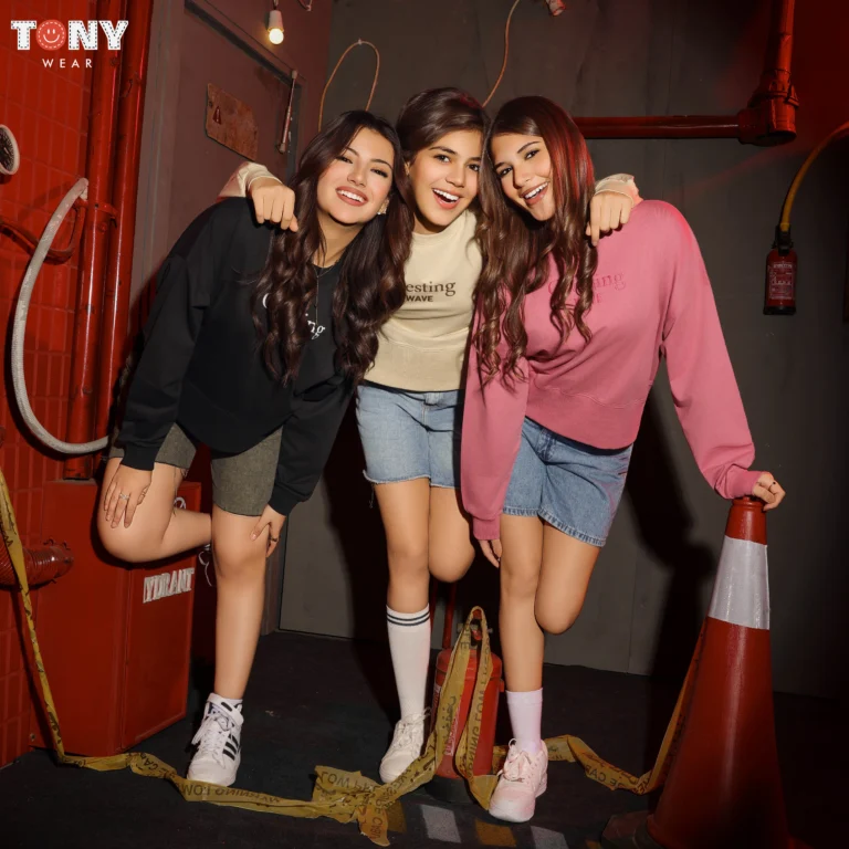 Girls Summer Cotton Minimalist Crewneck in Black Cream and Pink with simple text graphic