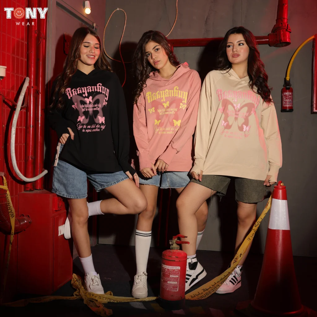 Girls Summer Cotton Butterfly Hoodie in Black Pink and Cream with Y2K gothic graphic