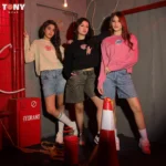 Girls Melton Vintage Graphic Crewneck in Pink Black and Beige with retro badge design