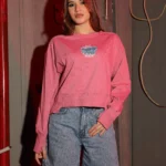 Girls Melton Vintage Graphic Crewneck in Pink Black and Beige with retro badge design