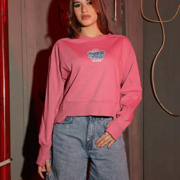 Girls Melton Vintage Graphic Crewneck in Pink Black and Beige with retro badge design